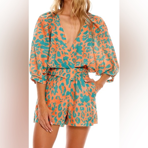 Agua Bendita orange green elastic waist v neck unlined Romper Size Medium - Picture 1 of 8
